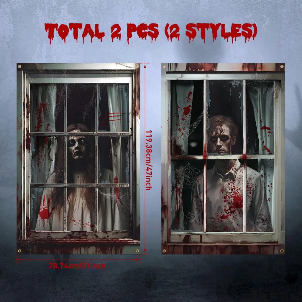 2 uds. Cortina de Halloween aterradora, silueta de ventana de Halloween, decoración de sangre, cubierta de ventana de Halloween, póster de ventana de terror