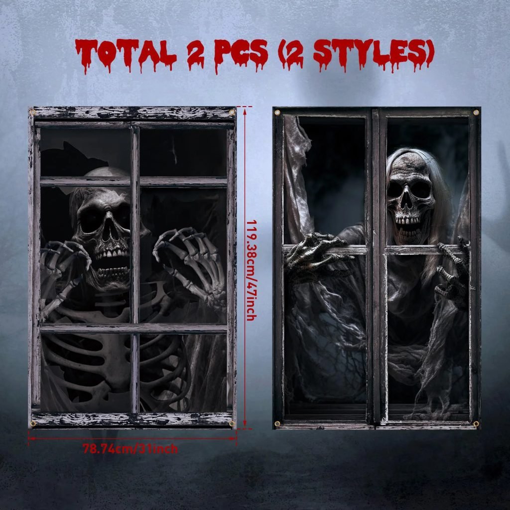 2 uds. Cortina de Halloween aterradora, silueta de ventana de Halloween, decoración de sangre, cubierta de ventana de Halloween, póster de ventana de terror