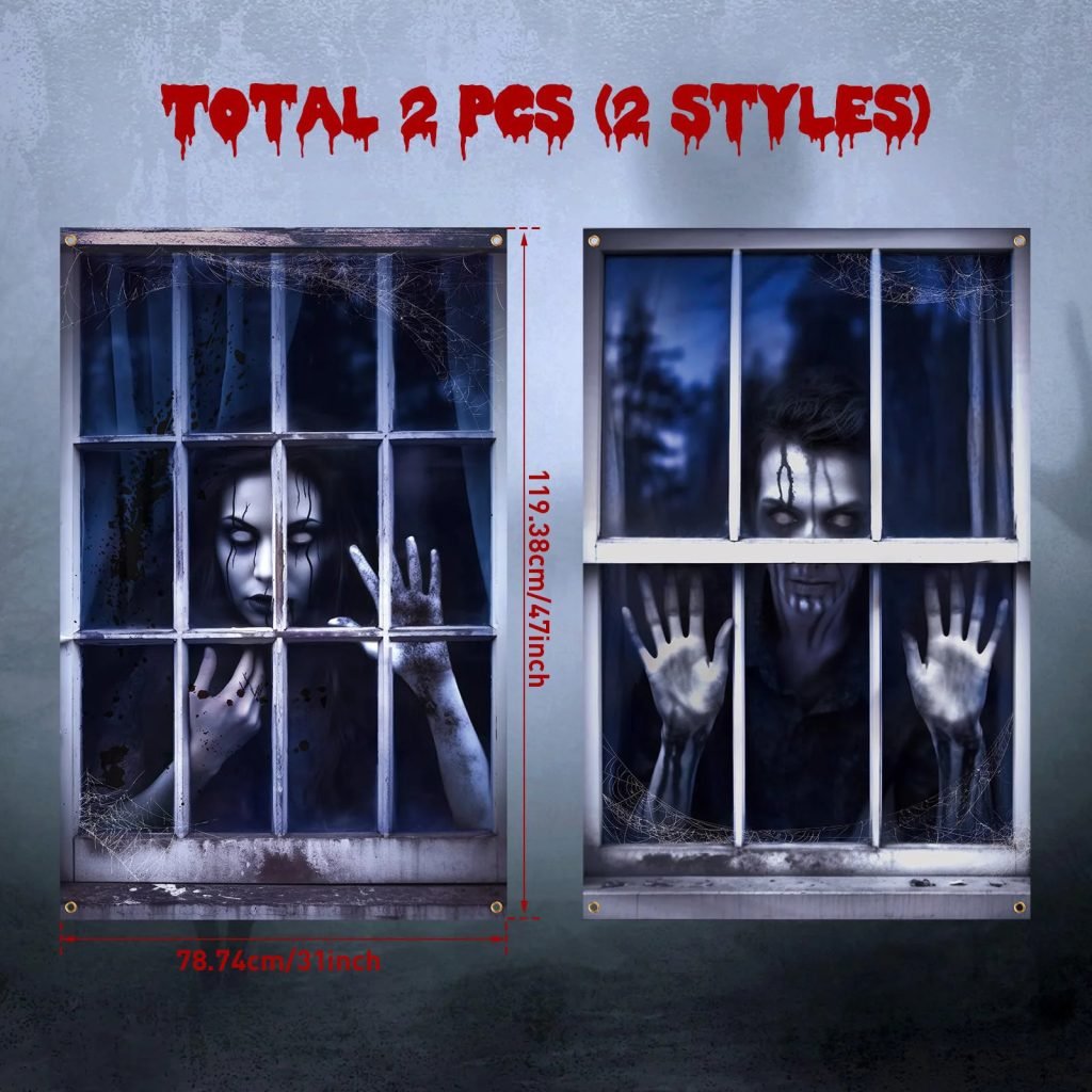 2 uds. Cortina de Halloween aterradora, silueta de ventana de Halloween, decoración de sangre, cubierta de ventana de Halloween, póster de ventana de terror