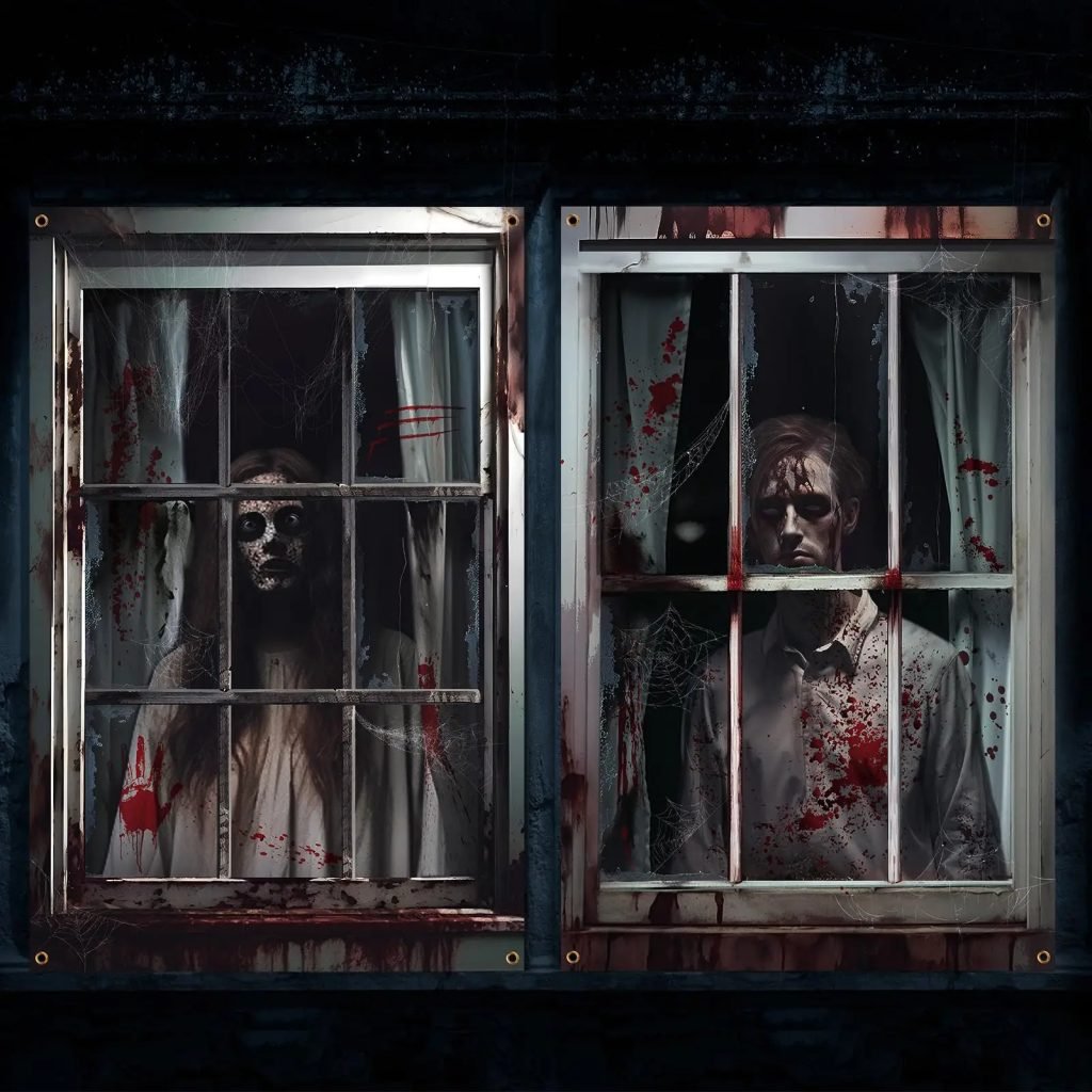 2 uds. Cortina de Halloween aterradora, silueta de ventana de Halloween, decoración de sangre, cubierta de ventana de Halloween, póster de ventana de terror