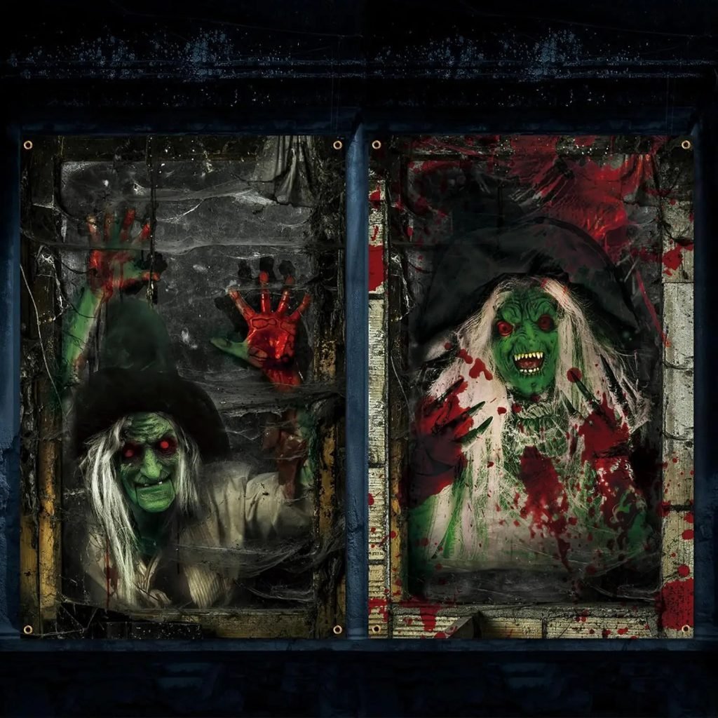 2 uds. Cortina de Halloween aterradora, silueta de ventana de Halloween, decoración de sangre, cubierta de ventana de Halloween, póster de ventana de terror