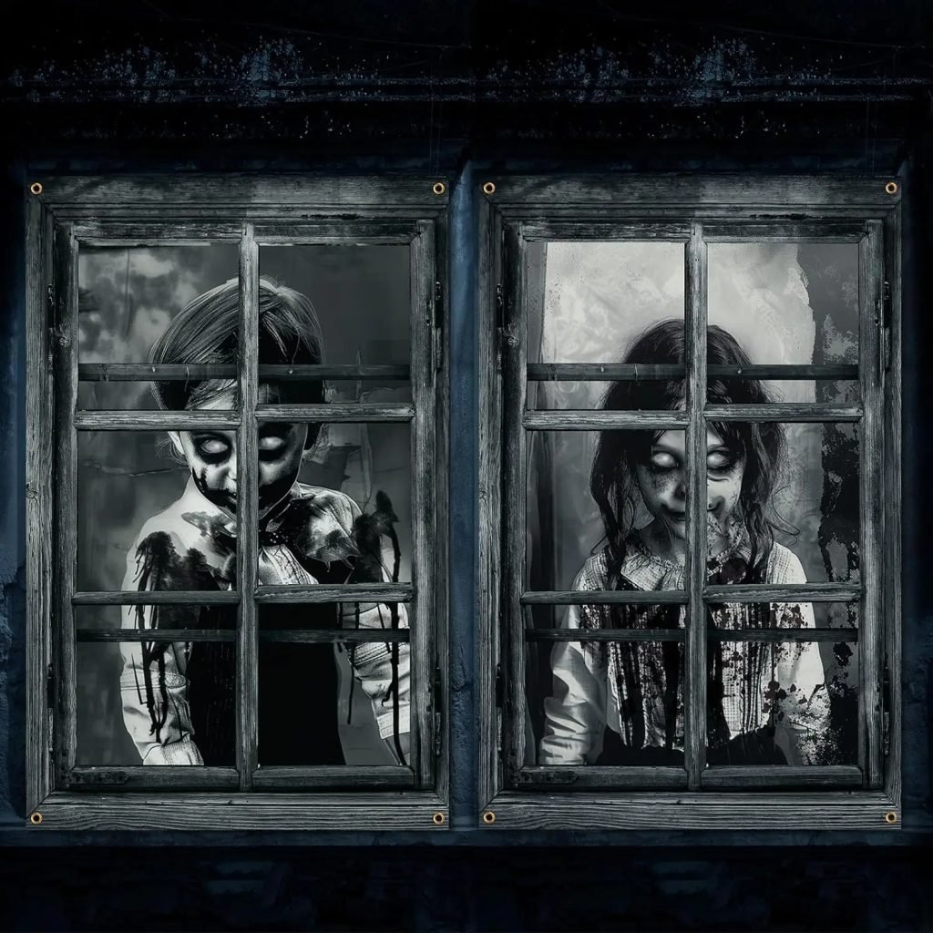 2 uds. Cortina de Halloween aterradora, silueta de ventana de Halloween, decoración de sangre, cubierta de ventana de Halloween, póster de ventana de terror