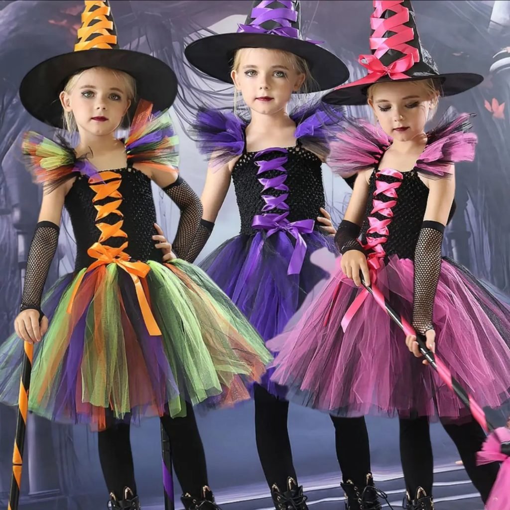 Disfraces de cosplay de brujas para niñas, vestidos de brujas para niños, disfraces de carnaval de Halloween, disfraces de actuación de brujas para niñas