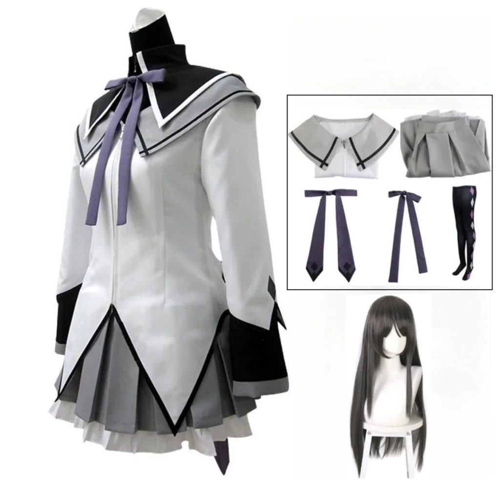 Ainime Akemi Homura Cosplay Puella Magi Madoka Magica Cosplay peluca con lazo uniforme de fiesta de Halloween vestido de combate vestido Jk