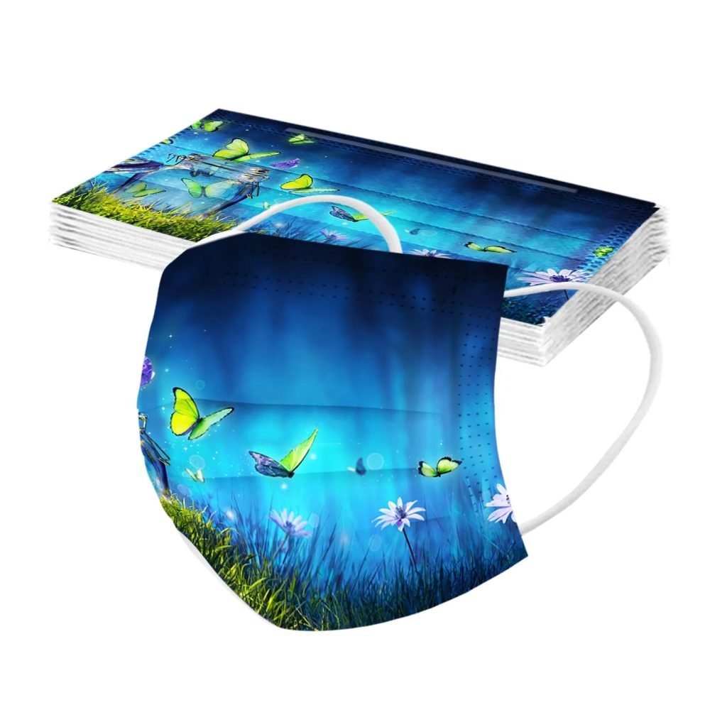 Mascarilla desechable para adultos con estampado de mariposa colorida, mascarilla facial desechable para mujer, mascarilla Industrial transpirable de 3 capas con bucle para la oreja, 10 Uds.