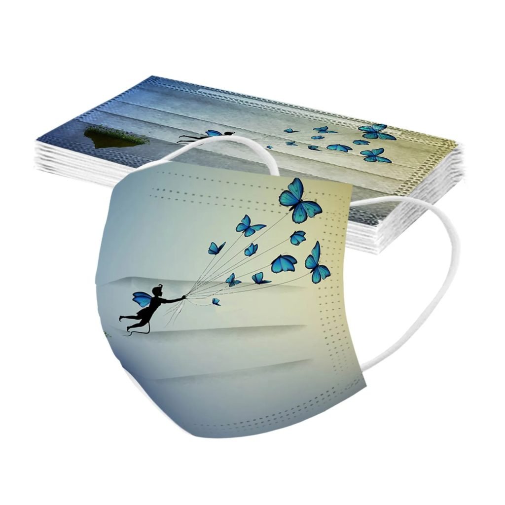 Mascarilla desechable para adultos con estampado de mariposa colorida, mascarilla facial desechable para mujer, mascarilla Industrial transpirable de 3 capas con bucle para la oreja, 10 Uds.