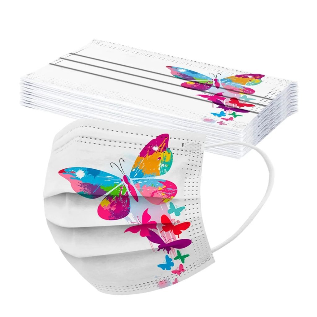 Mascarilla desechable para adultos con estampado de mariposa colorida, mascarilla facial desechable para mujer, mascarilla Industrial transpirable de 3 capas con bucle para la oreja, 10 Uds.