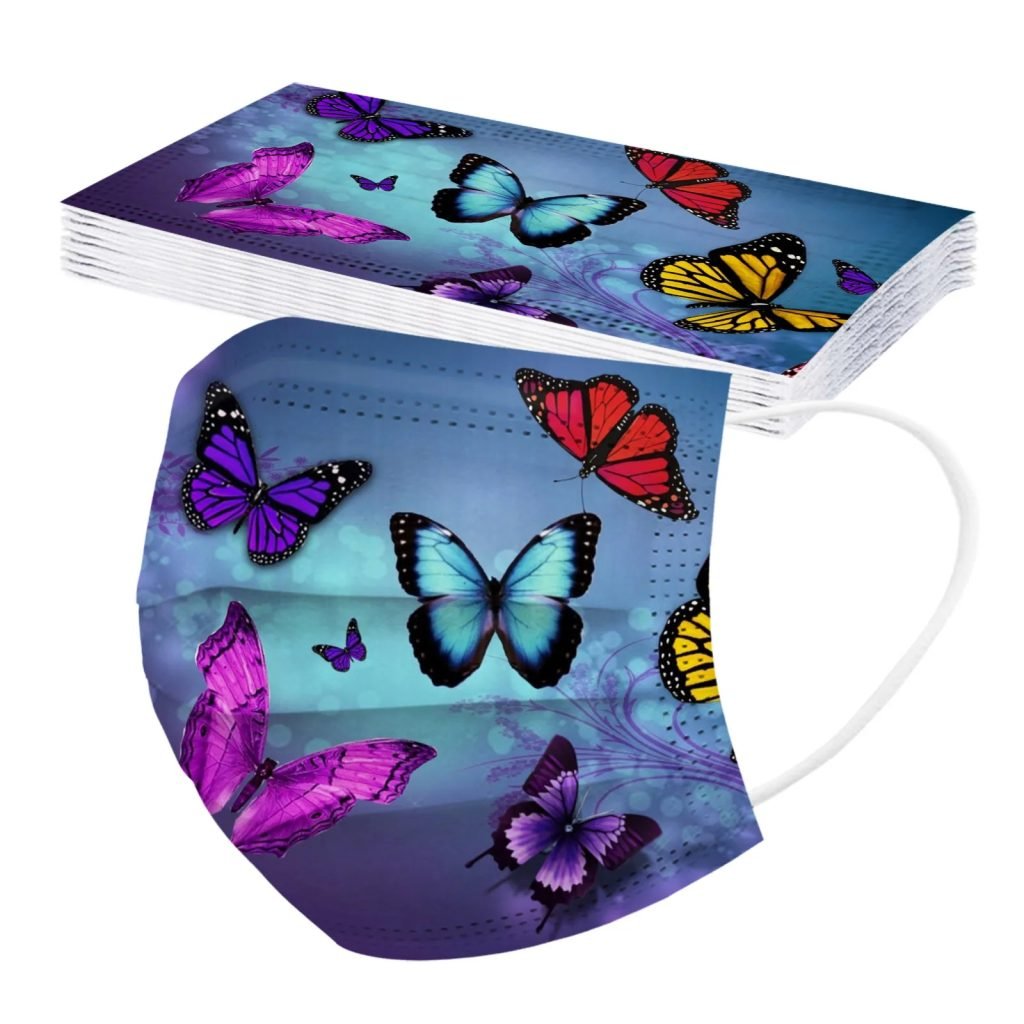Mascarilla desechable para adultos con estampado de mariposa colorida, mascarilla facial desechable para mujer, mascarilla Industrial transpirable de 3 capas con bucle para la oreja, 10 Uds.