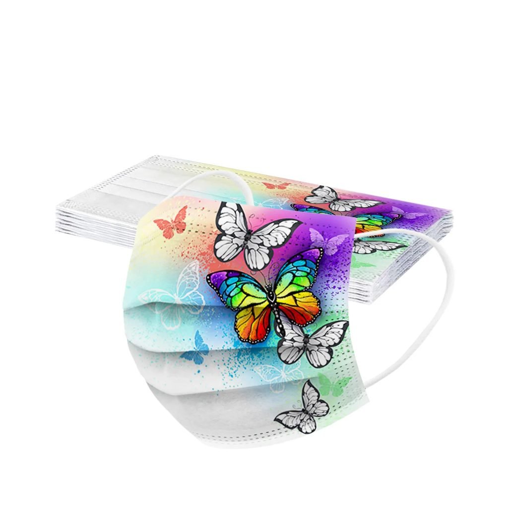 Mascarilla desechable para adultos con estampado de mariposa colorida, mascarilla facial desechable para mujer, mascarilla Industrial transpirable de 3 capas con bucle para la oreja, 10 Uds.