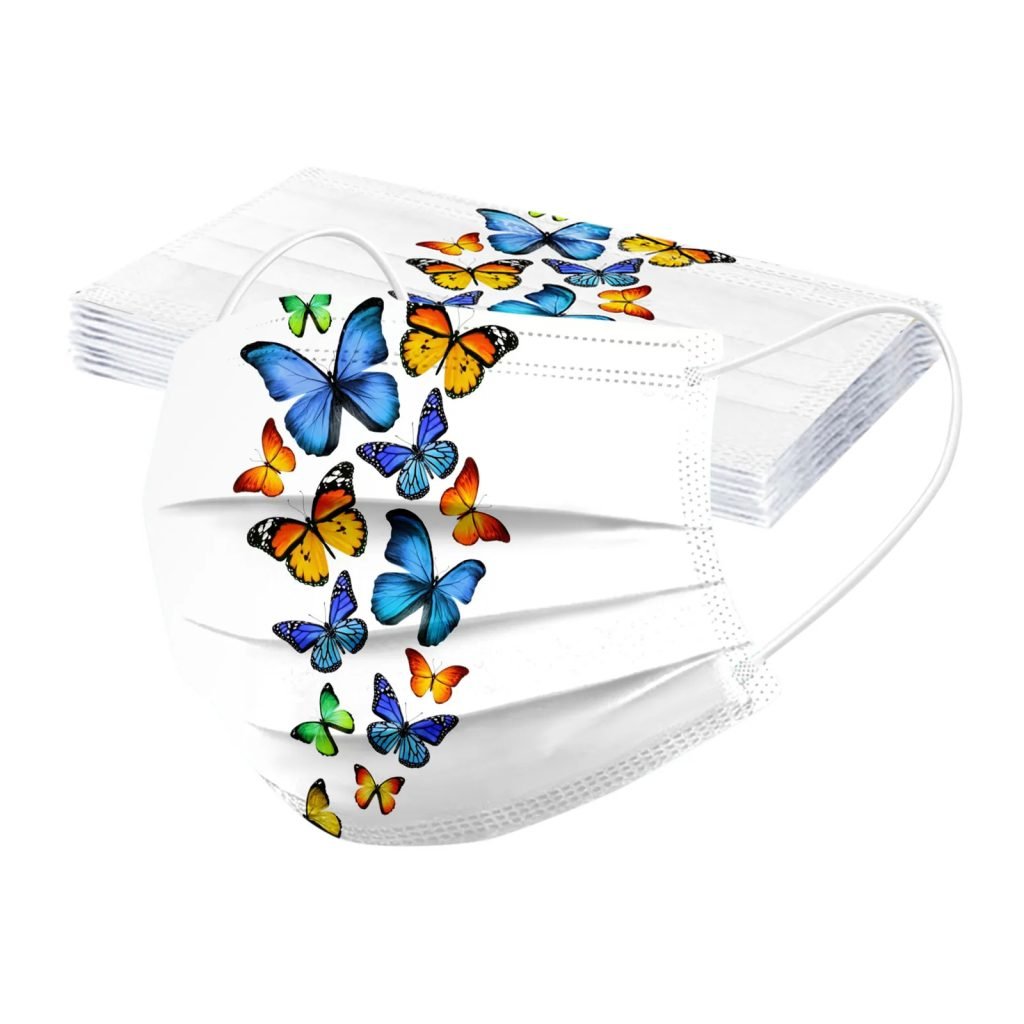 Mascarilla desechable para adultos con estampado de mariposa colorida, mascarilla facial desechable para mujer, mascarilla Industrial transpirable de 3 capas con bucle para la oreja, 10 Uds.