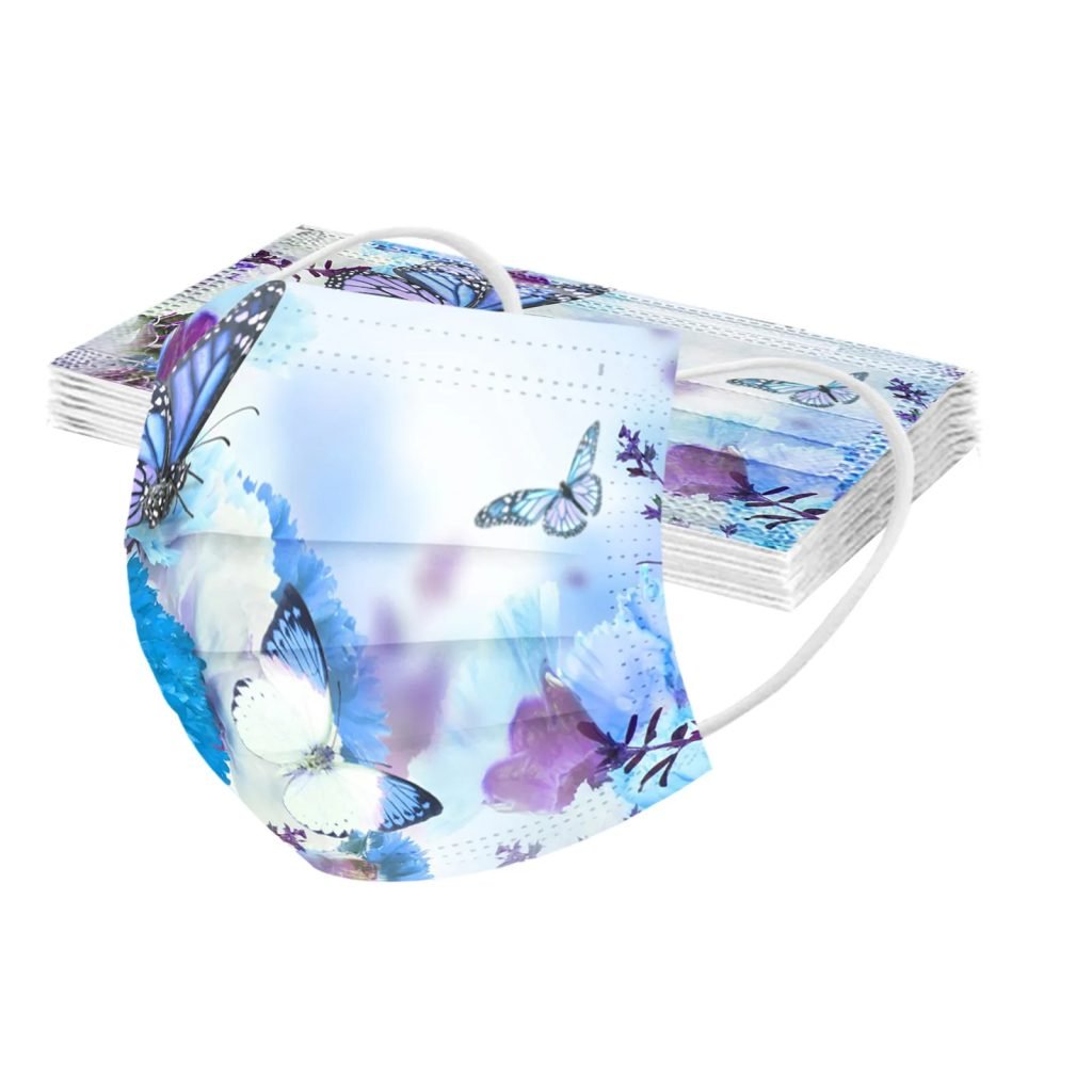 Mascarilla desechable para adultos con estampado de mariposa colorida, mascarilla facial desechable para mujer, mascarilla Industrial transpirable de 3 capas con bucle para la oreja, 10 Uds.