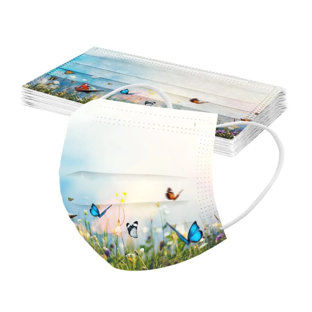 Mascarilla desechable para adultos con estampado de mariposa colorida, mascarilla facial desechable para mujer, mascarilla Industrial transpirable de 3 capas con bucle para la oreja, 10 Uds.