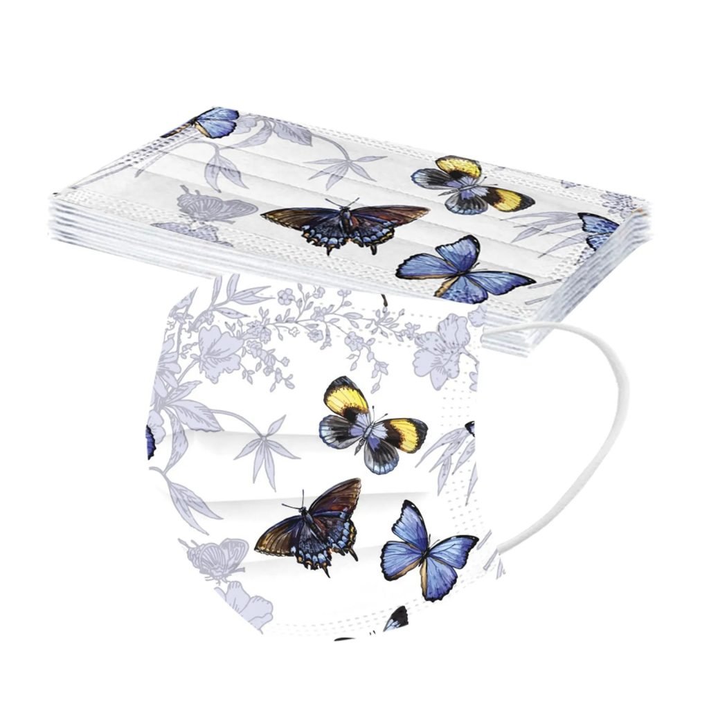 Mascarilla desechable para adultos con estampado de mariposa colorida, mascarilla facial desechable para mujer, mascarilla Industrial transpirable de 3 capas con bucle para la oreja, 10 Uds.