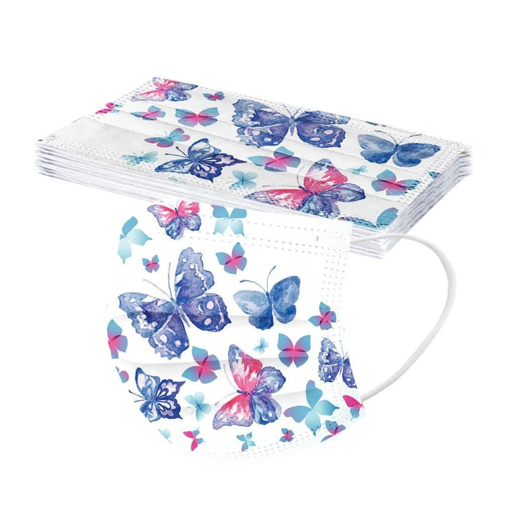 Mascarilla desechable para adultos con estampado de mariposa colorida, mascarilla facial desechable para mujer, mascarilla Industrial transpirable de 3 capas con bucle para la oreja, 10 Uds.