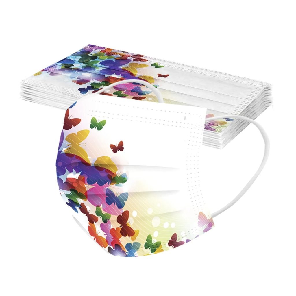 Mascarilla desechable para adultos con estampado de mariposa colorida, mascarilla facial desechable para mujer, mascarilla Industrial transpirable de 3 capas con bucle para la oreja, 10 Uds.