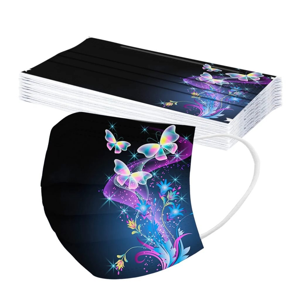 Mascarilla desechable para adultos con estampado de mariposa colorida, mascarilla facial desechable para mujer, mascarilla Industrial transpirable de 3 capas con bucle para la oreja, 10 Uds.