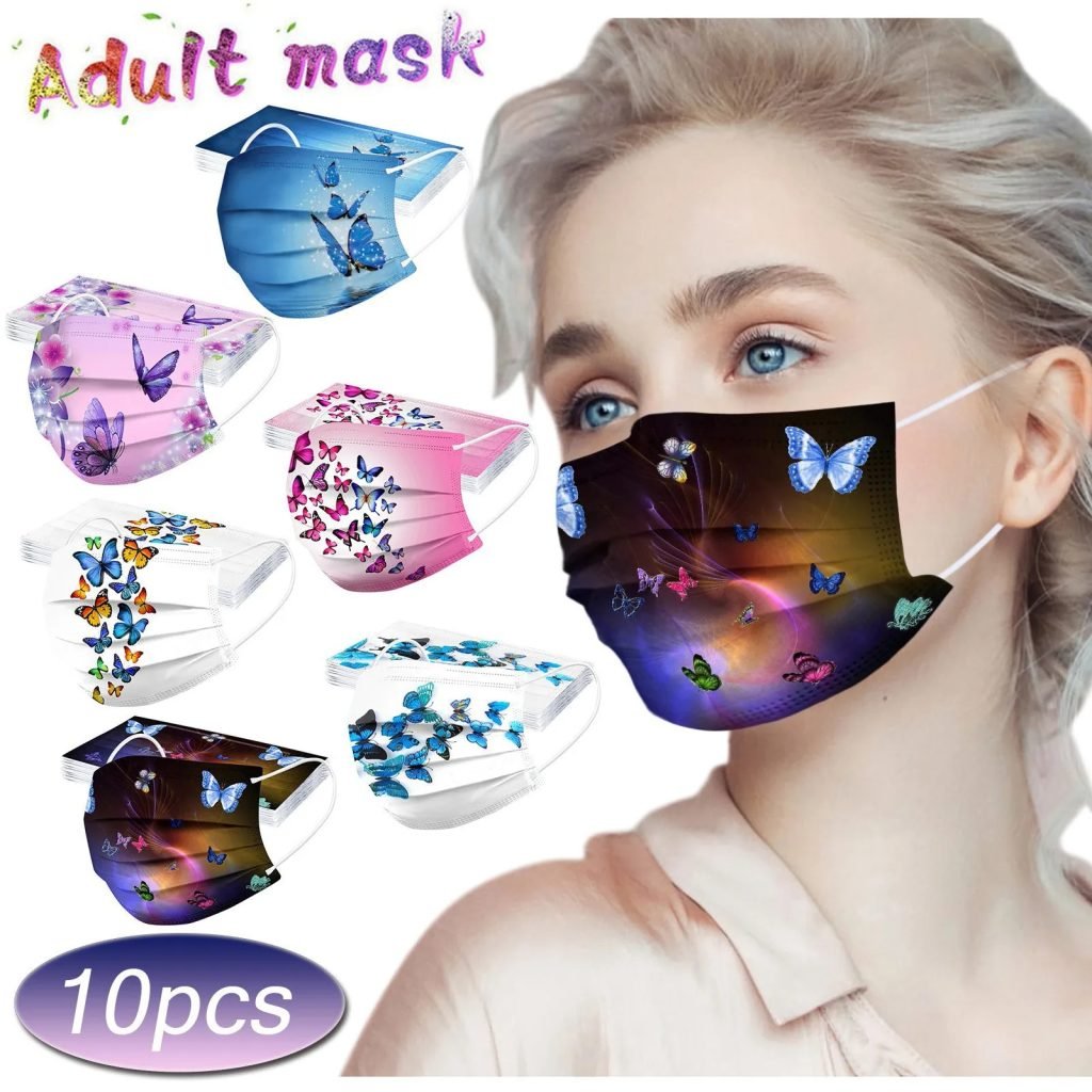Mascarilla desechable para adultos con estampado de mariposa colorida, mascarilla facial desechable para mujer, mascarilla Industrial transpirable de 3 capas con bucle para la oreja, 10 Uds.