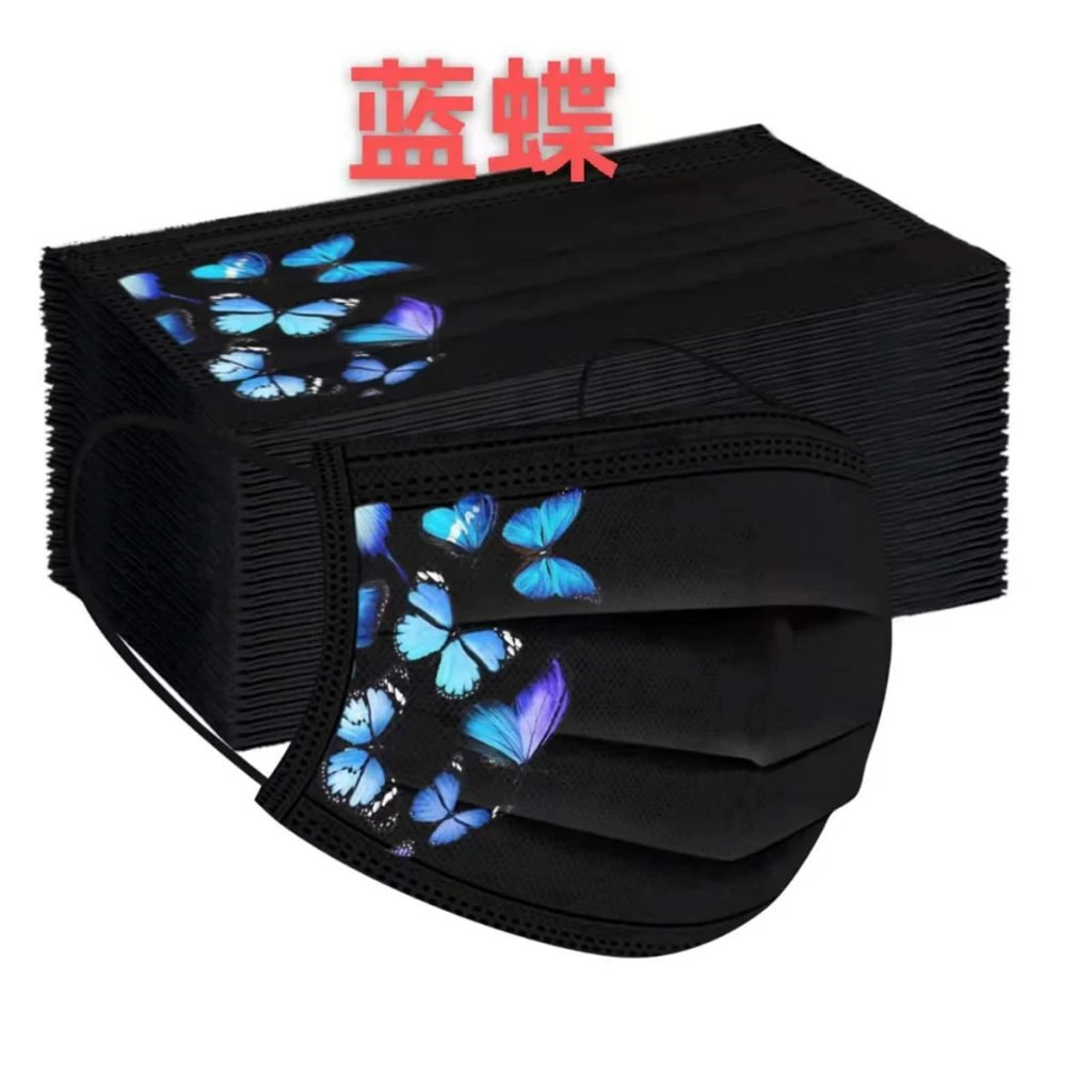 50 Uds. Máscaras negras con estampado de mariposa colorida para adultos máscaras protectoras no tejidas desechables de tres capas spunlace respetuosas con la piel