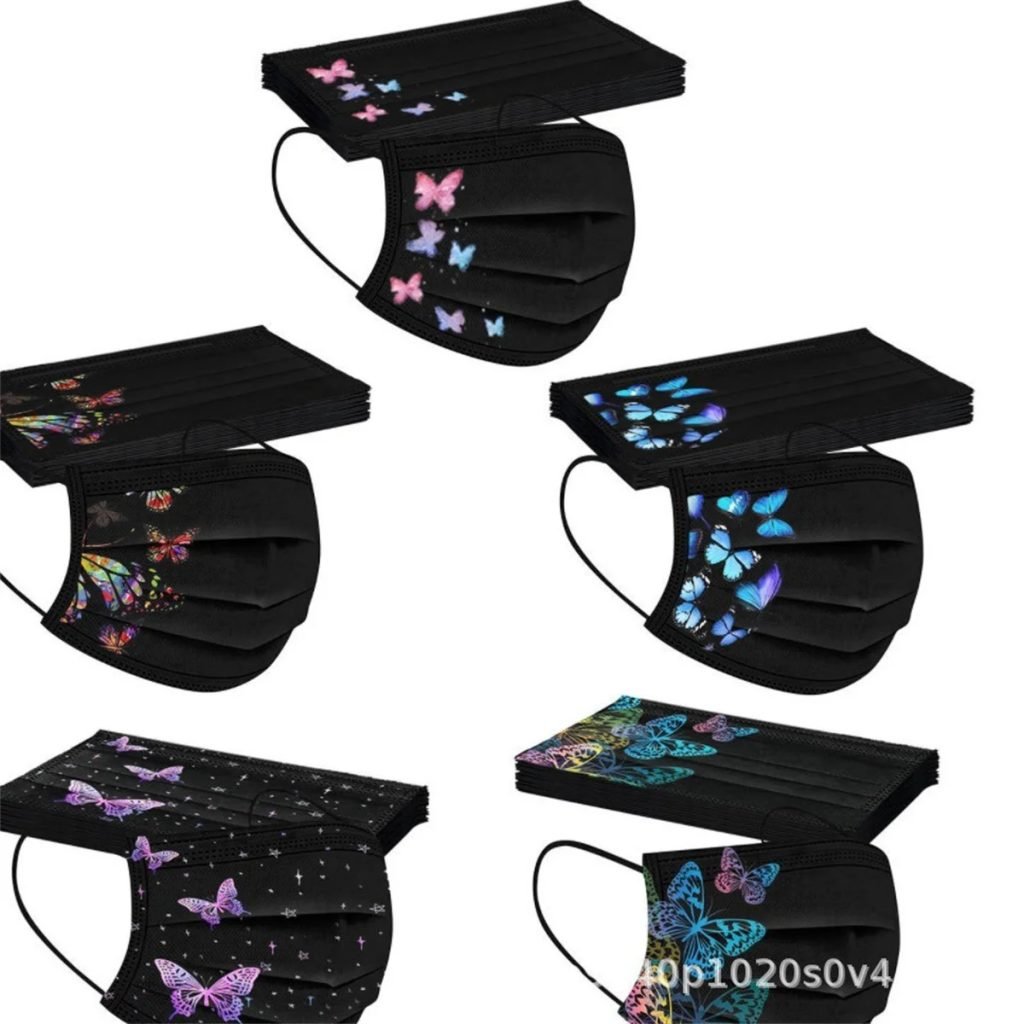 50 Uds. Máscaras negras con estampado de mariposa colorida para adultos máscaras protectoras no tejidas desechables de tres capas spunlace respetuosas con la piel