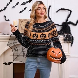 Women's Halloween Pumpkin Embroidered Retro Long-sleeved Sweater
