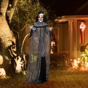 HOMCOM 6 Life Size Outdoor Halloween Decoration, Classic Black And White Striped Clown Animatronic, Sound And Motion Activated Animated Prop With Light Up Eyes Sounds