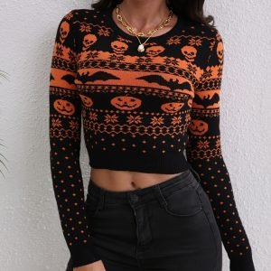Women's Contrast Color Jacquard Fashion Round Neck Sweater