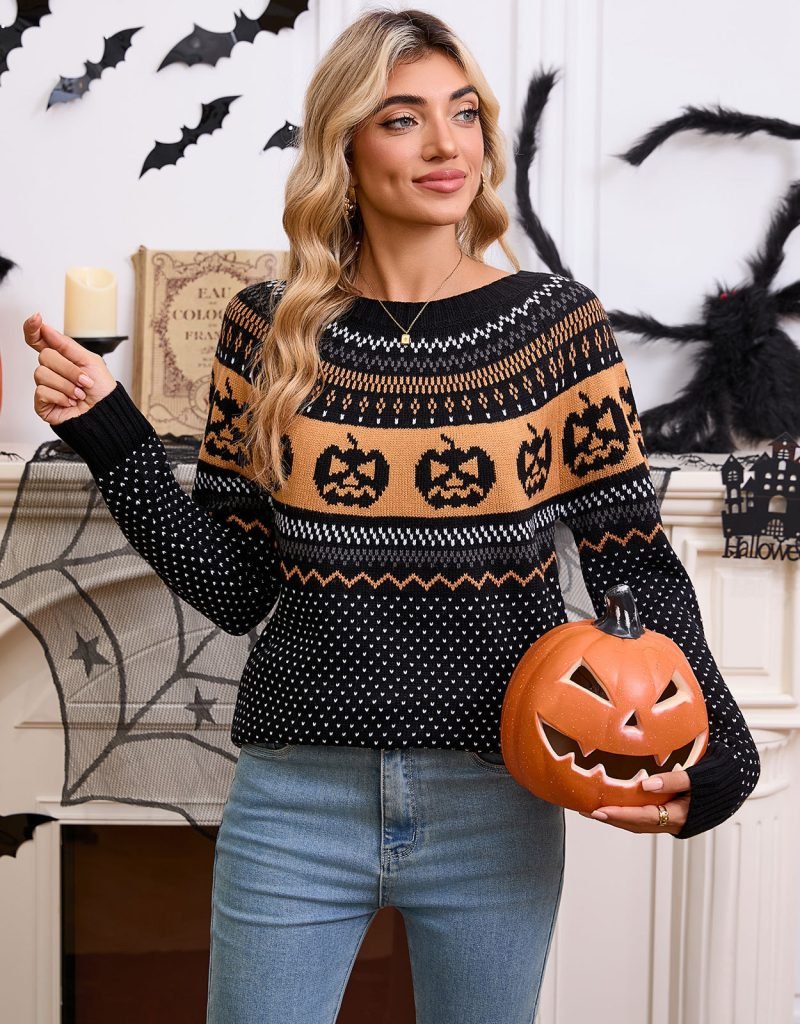 Women’s Halloween Pumpkin Embroidered Retro Long-sleeved Sweater
