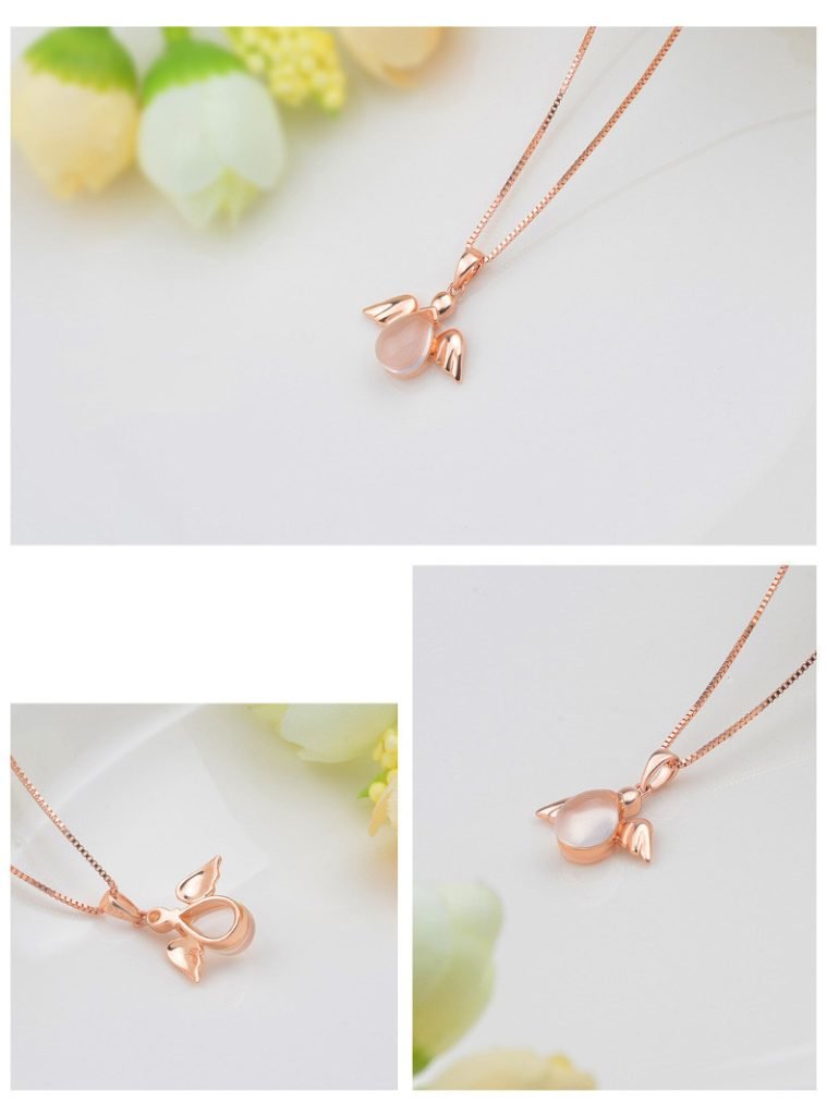 Stall Goods Korean Necklace Rose Gold Plated Synthetic Ross Quartz Pink Crystal Angel Women’s Pendant Clavicle Chain Jewelry