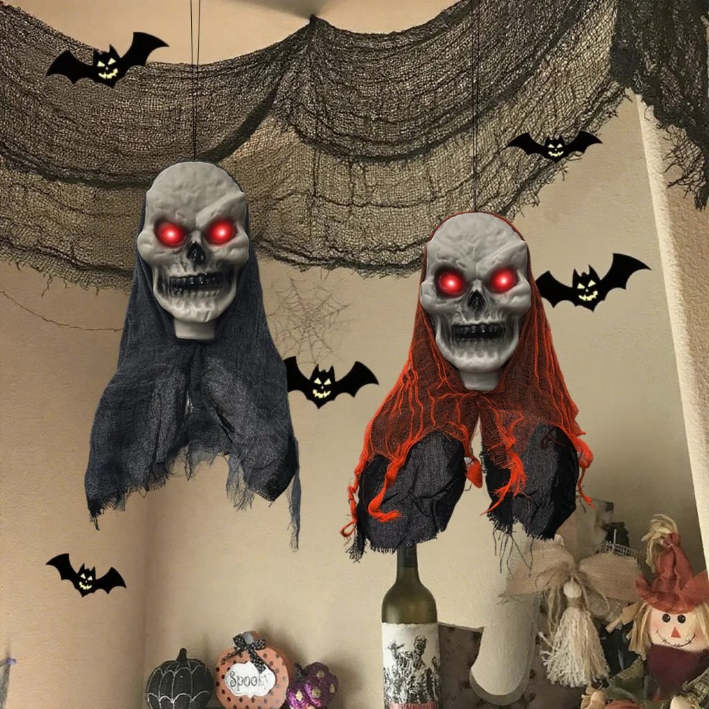 2PCS Halloween Decorations Party Hanging Skull Skeleton Ghost Ornament Horror Props Haunted Home Decoration Halloween Outdoor
