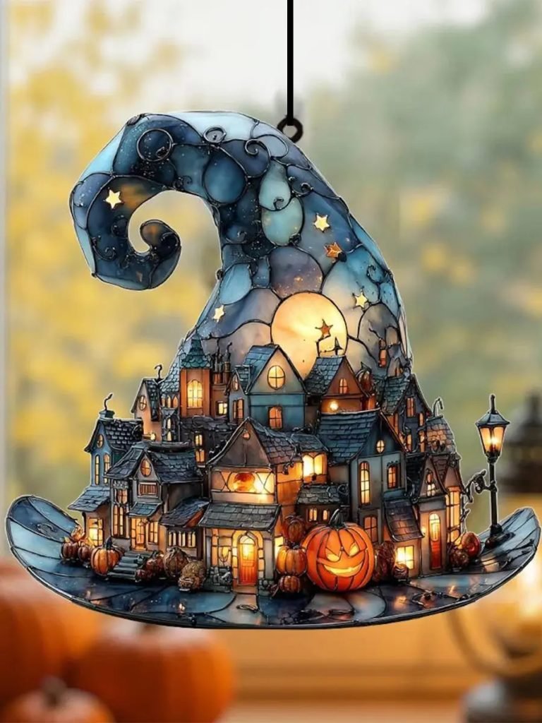 Halloween Witch Hat Hanging Decor Acrylic Mini Town & Pumpkin Design Window Ornaments Bedroom Living Room Pendant for Home/Party