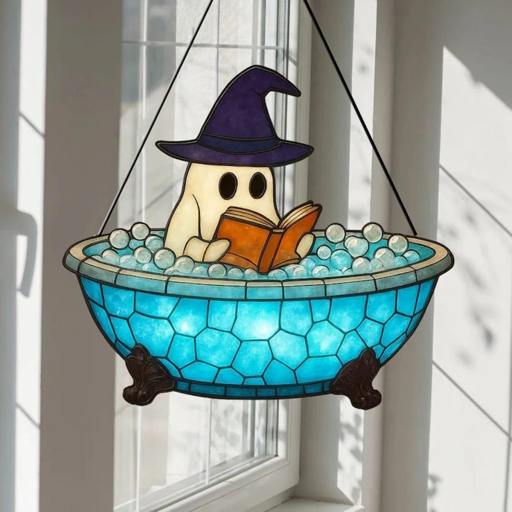 Acrylic Halloween Ghost Window Hanging Blue Bathtub & Witch Hat Design Cute Ghost in Reading Book Pendant Spooky Wall Decor Gift