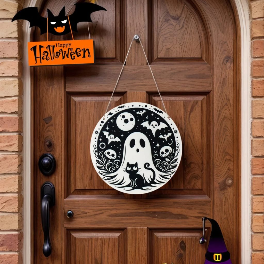 1PC,Halloween party – Circular wooden decorative sign with Halloween elements