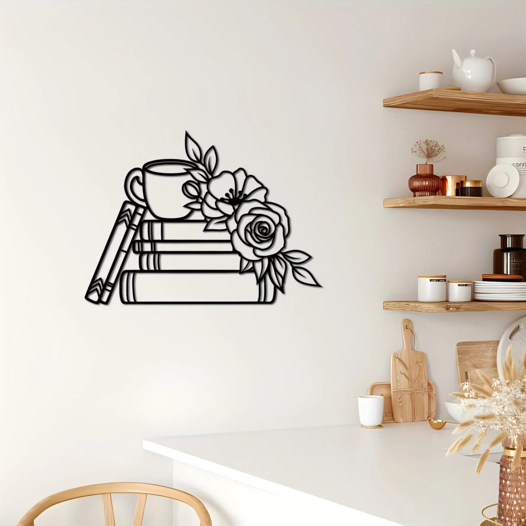 1pc Iron Wall Art Decor for Book Lovers, Metal Book & Flower Wall Sign, Library and Coffee Shop Metal Wall Sculpture