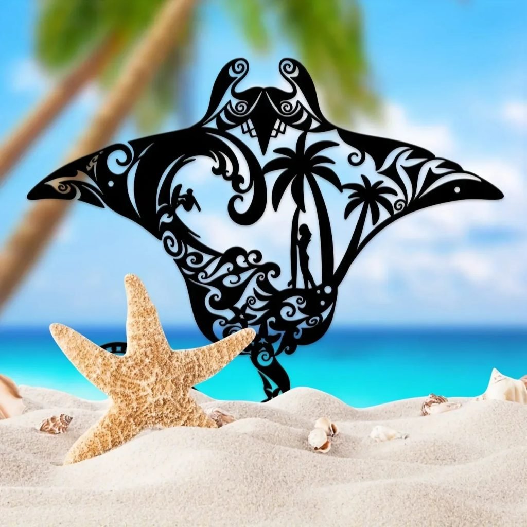 Coastal Charm Metal Manta Ray Wall Art – Beach-Themed Decor With Surfboard, Waves, Iron Art, Wall decoration, Wall Sticker