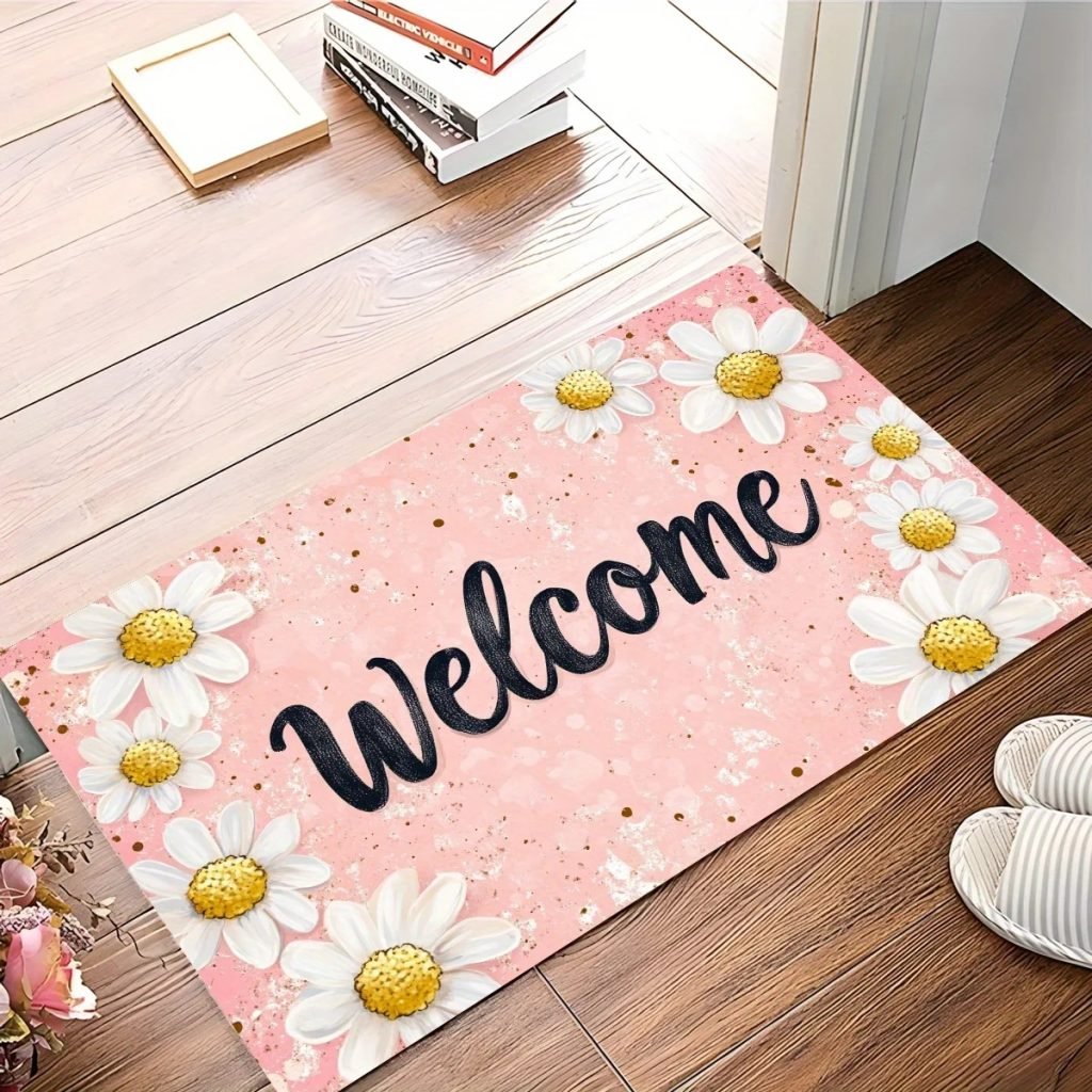 1pc Welcome Daisy Pattern Floor Mat, Polyester Fabric, Machine Washable, Suitable for Bedroom Living Room Decoration