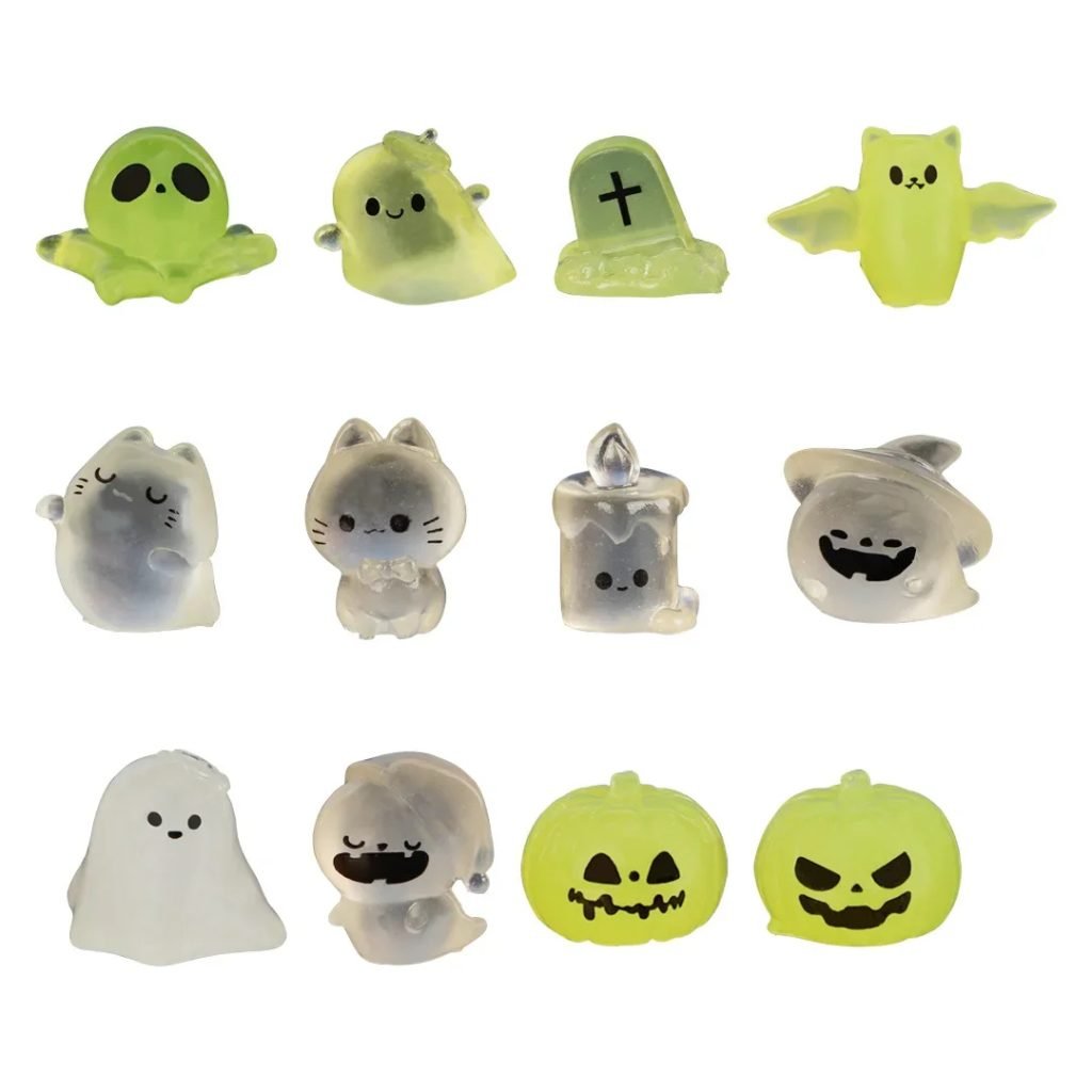 6PCs Luminous Micro Miniature Halloween Pumpkin Ghost Bat Skull Glowing Action Figure DIY Gift Festival Home Haunted Party Decor