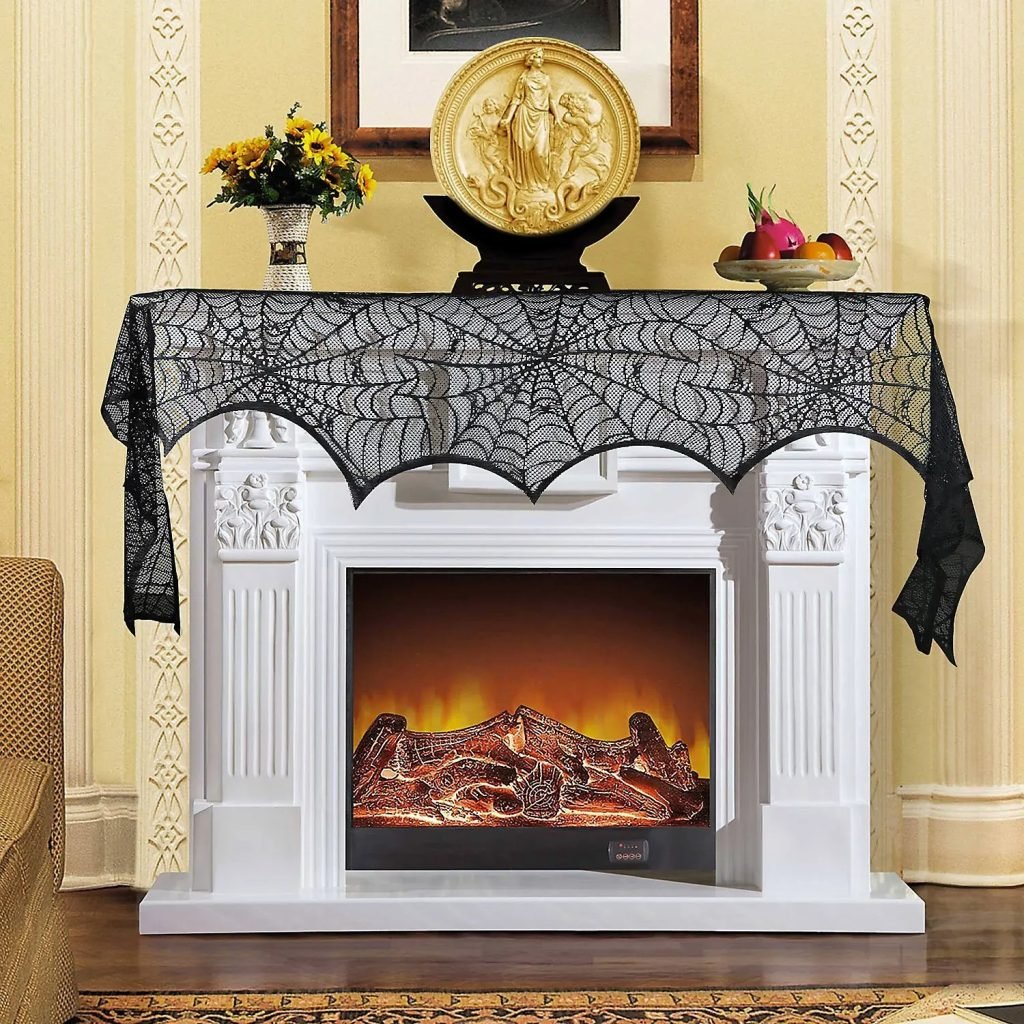 Halloween Lace Table Runner Black Spider Web Tablecloth Fireplace Cover Mantel Halloween Decoration 2024 Home Party Cloth Cover