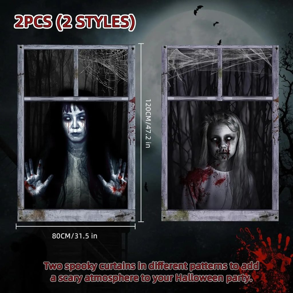 2 Pack Halloween Ghost Curtain Decorations – Female Ghost Window Cover for Indoor/Outdoor Party Decor