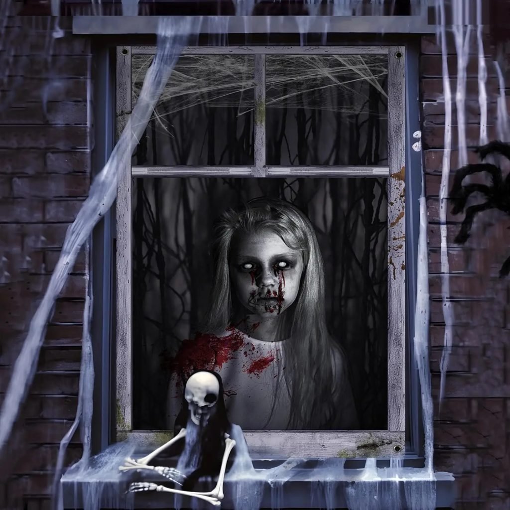 2 Pack Halloween Ghost Curtain Decorations – Female Ghost Window Cover for Indoor/Outdoor Party Decor