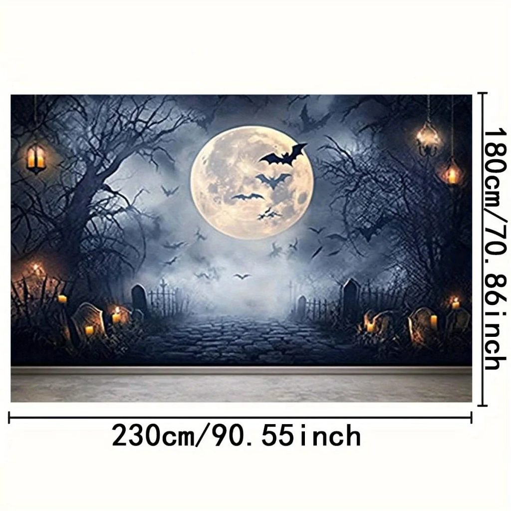 1 piece of Halloween background cloth – Full Moon Tomb Scene with Bat, Mist Atmosphere, and Tombstone Halloween Decoration