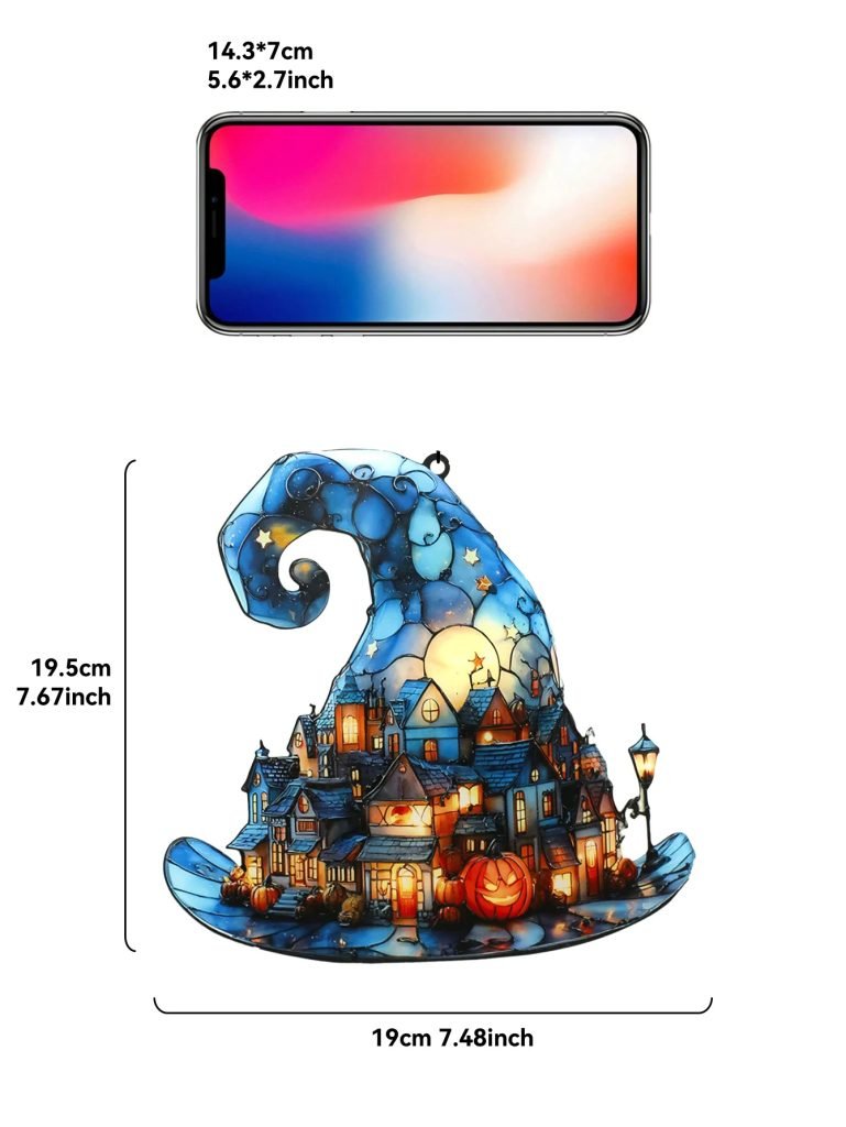 Halloween Witch Hat Hanging Decor Acrylic Mini Town & Pumpkin Design Window Ornaments Bedroom Living Room Pendant for Home/Party