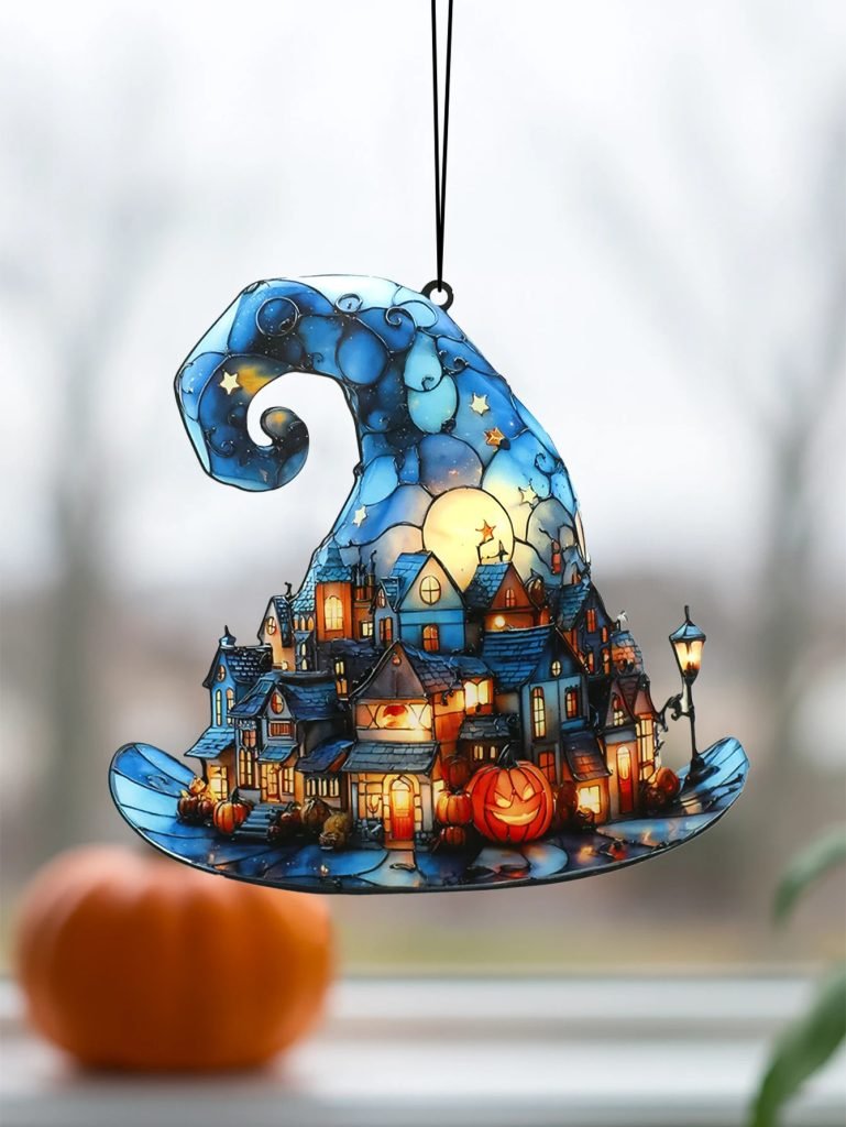 Halloween Witch Hat Hanging Decor Acrylic Mini Town & Pumpkin Design Window Ornaments Bedroom Living Room Pendant for Home/Party