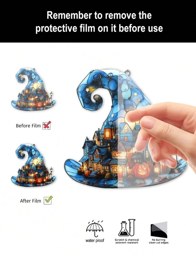 Halloween Witch Hat Hanging Decor Acrylic Mini Town & Pumpkin Design Window Ornaments Bedroom Living Room Pendant for Home/Party