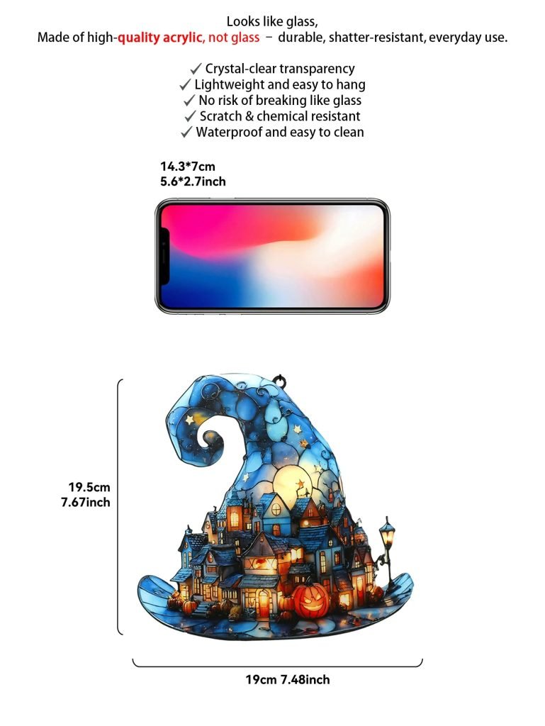 Halloween Witch Hat Hanging Decor Acrylic Mini Town & Pumpkin Design Window Ornaments Bedroom Living Room Pendant for Home/Party