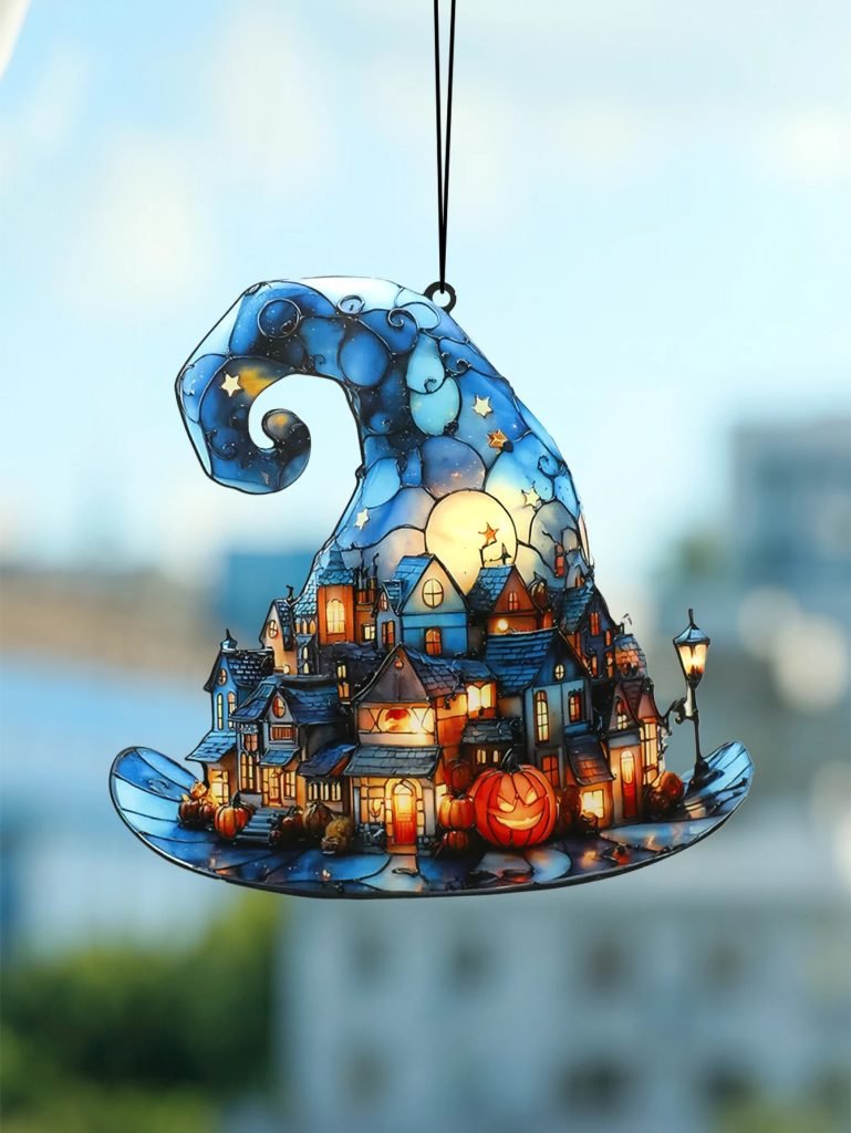 Halloween Witch Hat Hanging Decor Acrylic Mini Town & Pumpkin Design Window Ornaments Bedroom Living Room Pendant for Home/Party