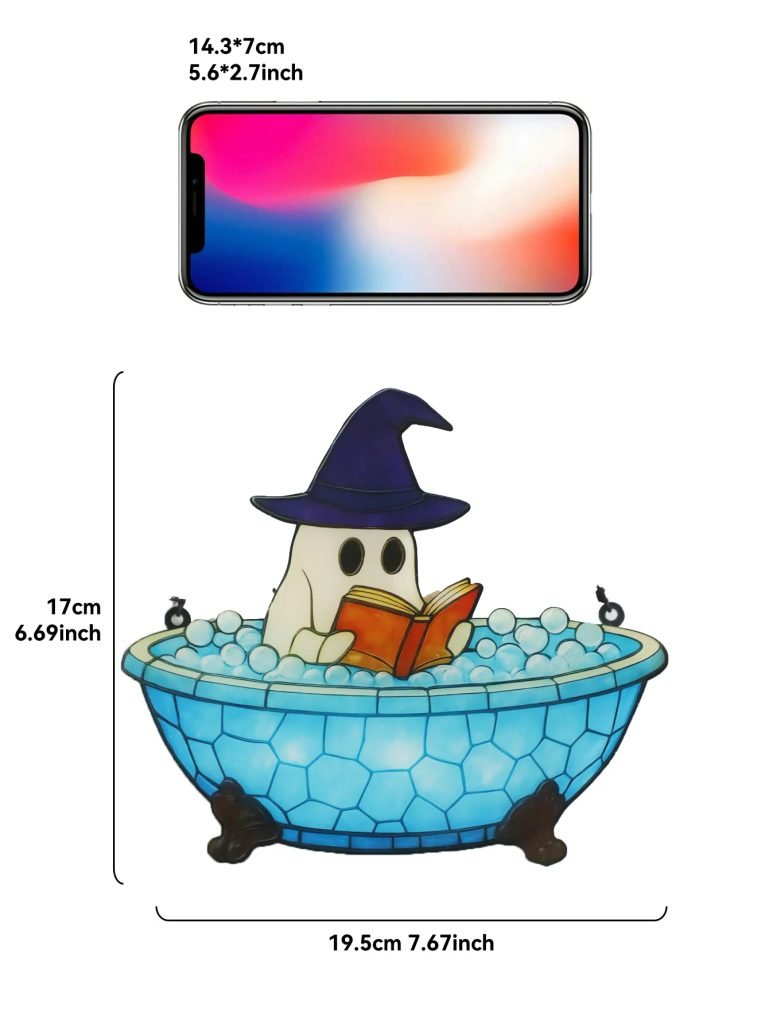 Acrylic Halloween Ghost Window Hanging Blue Bathtub & Witch Hat Design Cute Ghost in Reading Book Pendant Spooky Wall Decor Gift