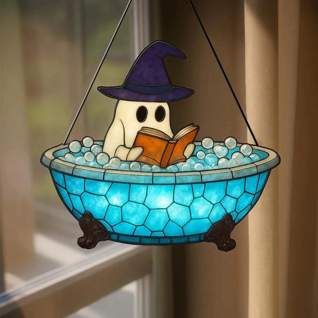 Acrylic Halloween Ghost Window Hanging Blue Bathtub & Witch Hat Design Cute Ghost in Reading Book Pendant Spooky Wall Decor Gift