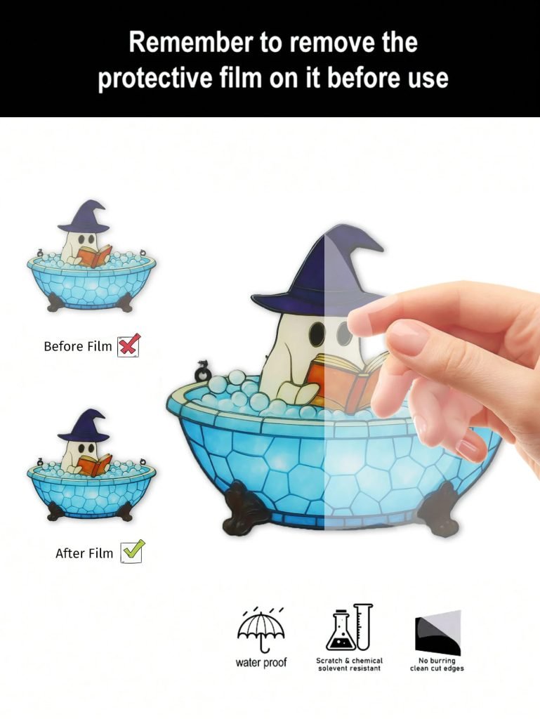 Acrylic Halloween Ghost Window Hanging Blue Bathtub & Witch Hat Design Cute Ghost in Reading Book Pendant Spooky Wall Decor Gift