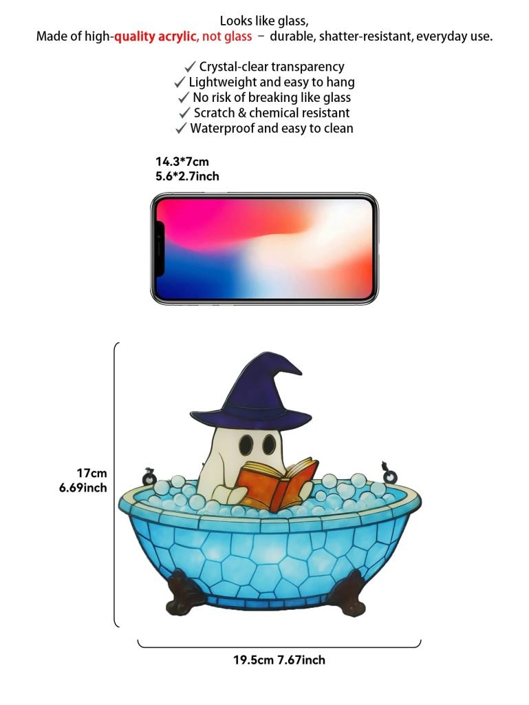 Acrylic Halloween Ghost Window Hanging Blue Bathtub & Witch Hat Design Cute Ghost in Reading Book Pendant Spooky Wall Decor Gift