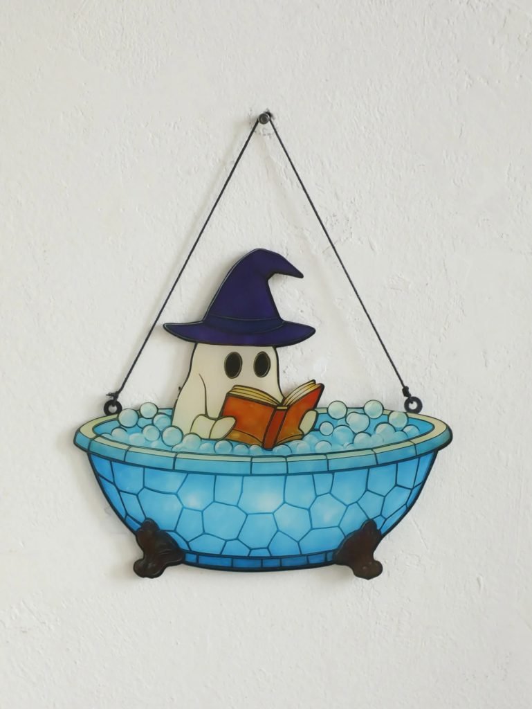 Acrylic Halloween Ghost Window Hanging Blue Bathtub & Witch Hat Design Cute Ghost in Reading Book Pendant Spooky Wall Decor Gift